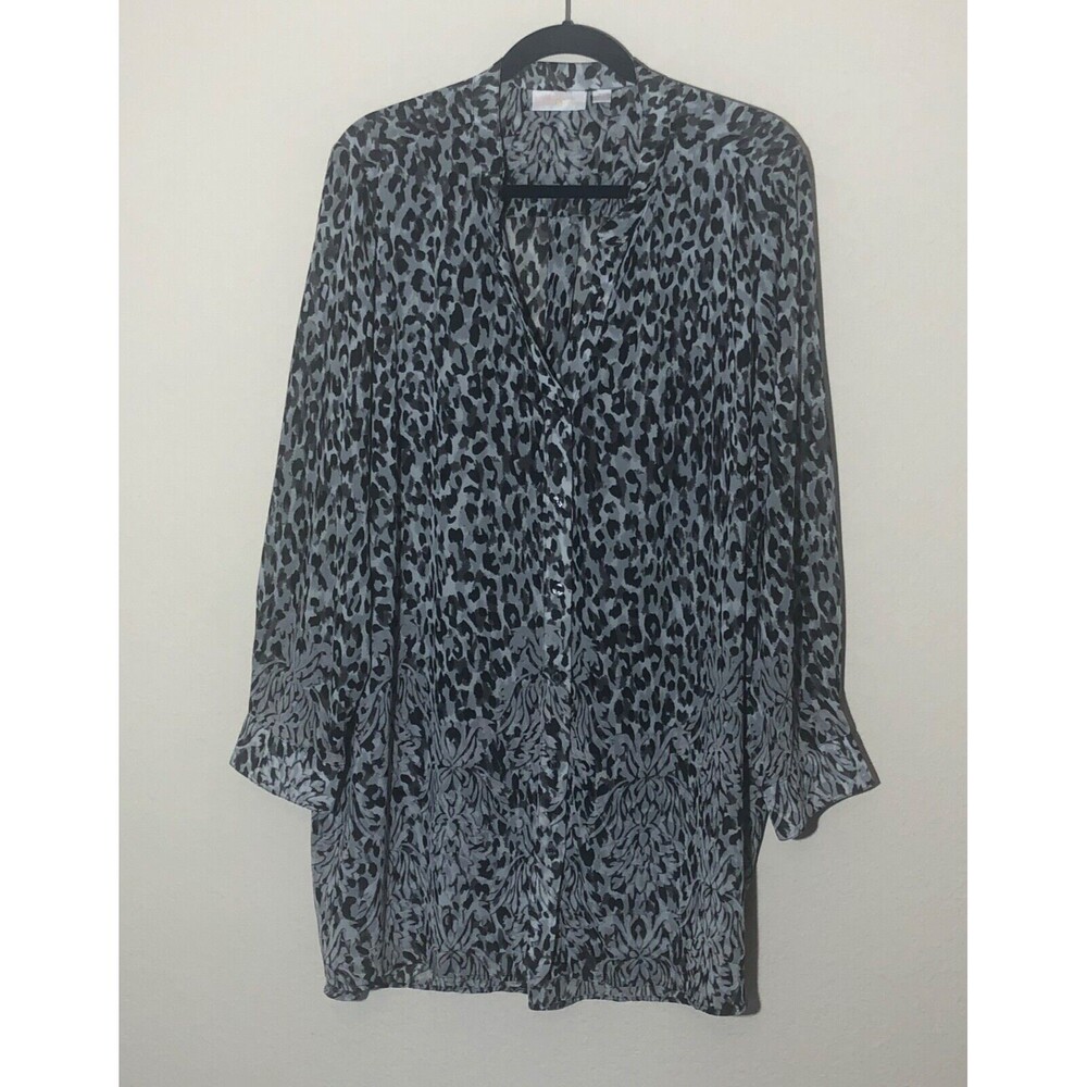 Belle Kim Gravel Plus 2X gray leopard print button Up Chiffon Long Sleeves Cuffs